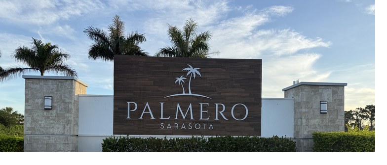 Palmero community entrance sign and palms in Nokomis (Sarasota), Florida